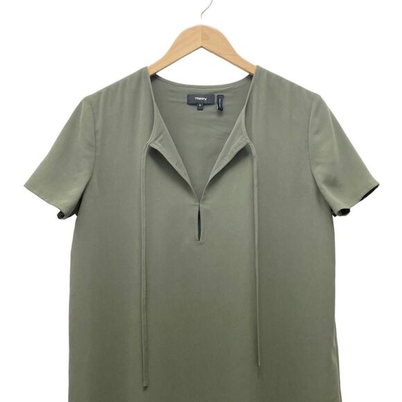 Theory Dress Women's Size 8 Keyhole Tie Shift Drapey Crepe Dress Military Green - Picture 5 of 13